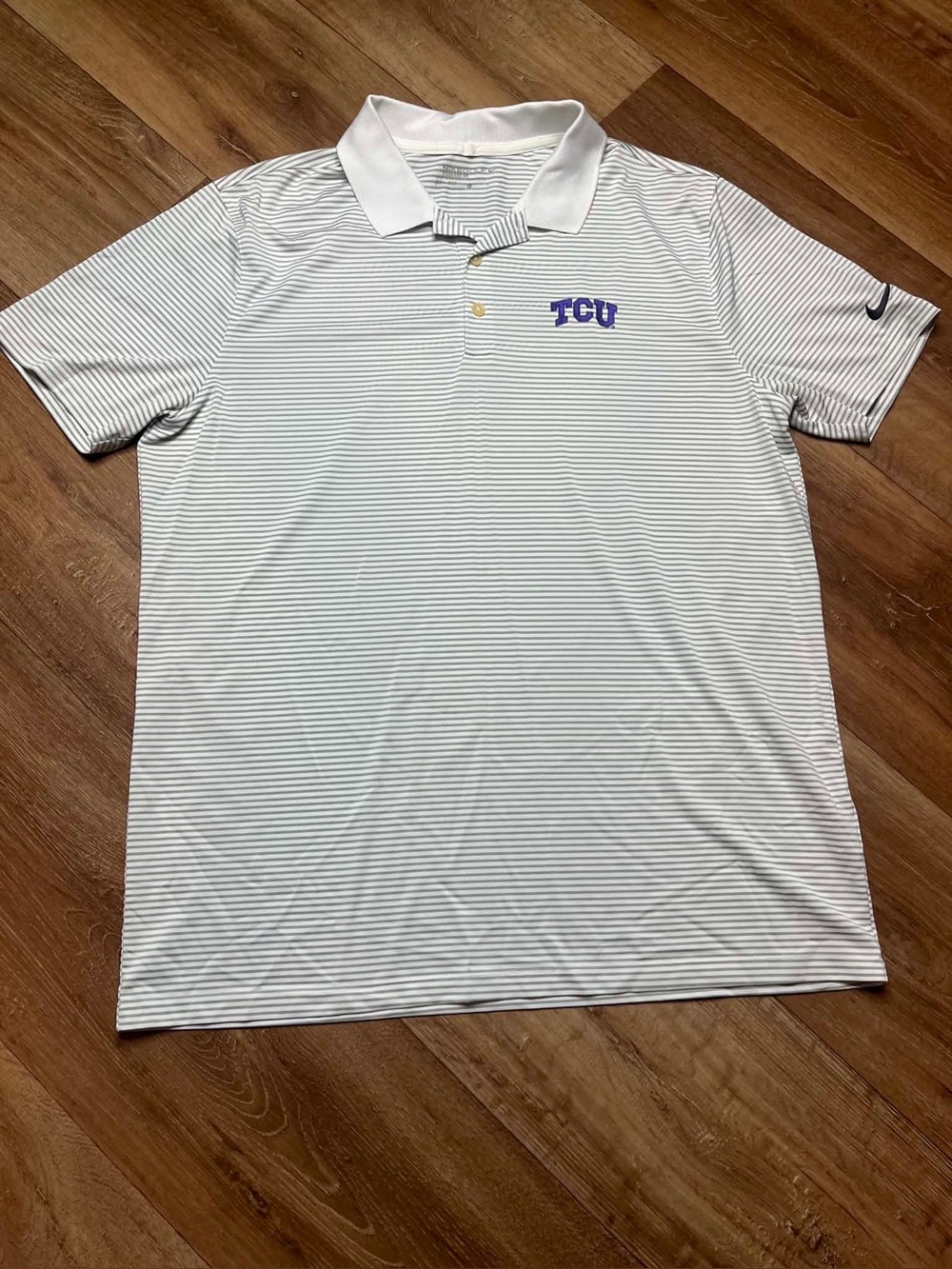 Texas Christian University TCU NIKE Polo Shirt Mens L White Purple Striped Golf